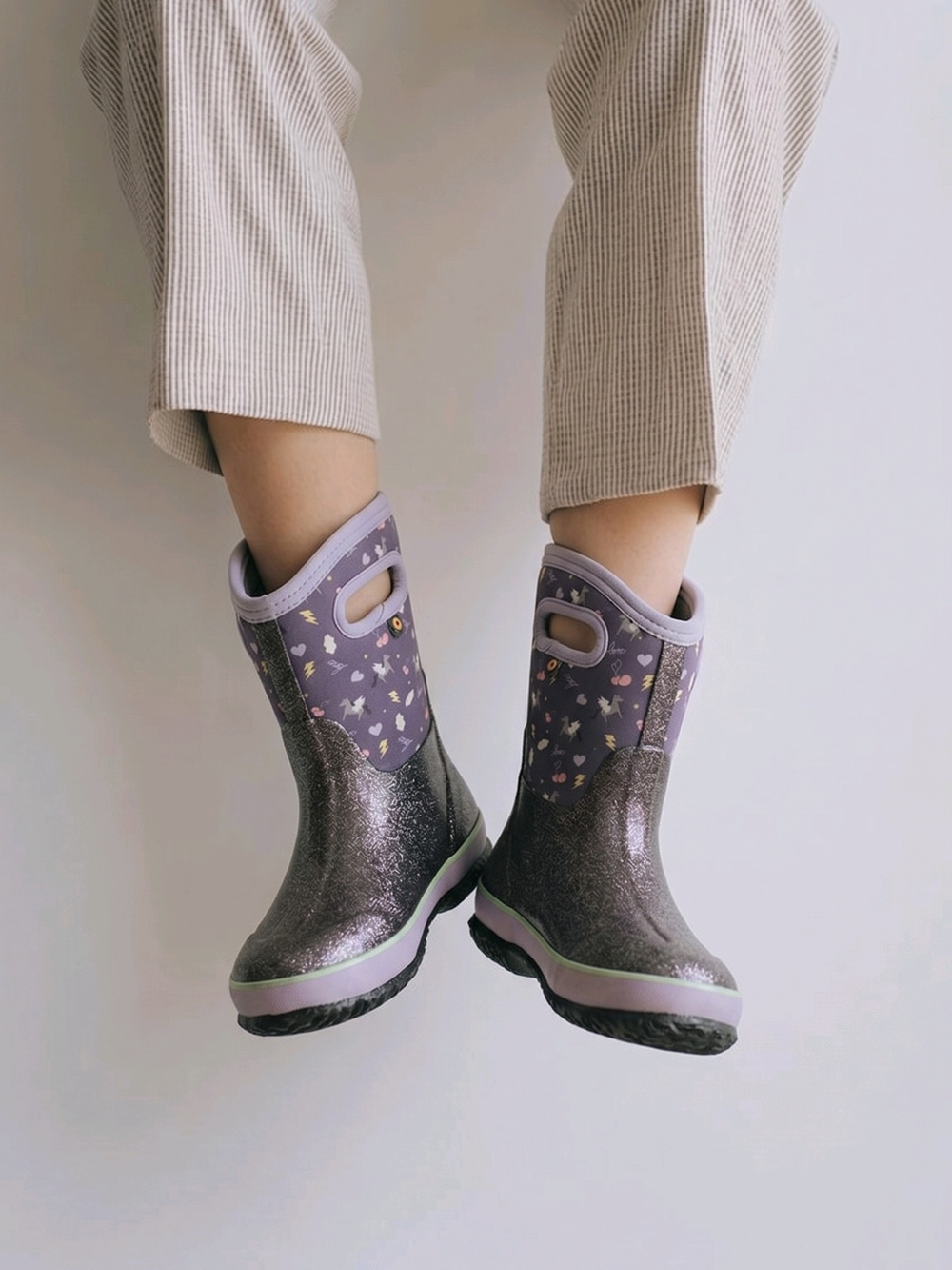 Bogs Kids Glitter Purple Rain Boots with Heart & Star Accents